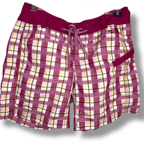 Size 6 The North Face Purple Yellow Plaid Shorts Drawstring Waistband Swim - Picture 1 of 11